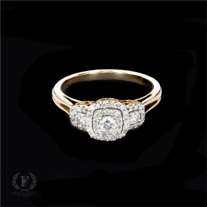 THREE STONE CUSHION HALO YELLOW GOLD ESTATE  DIAMOND RING