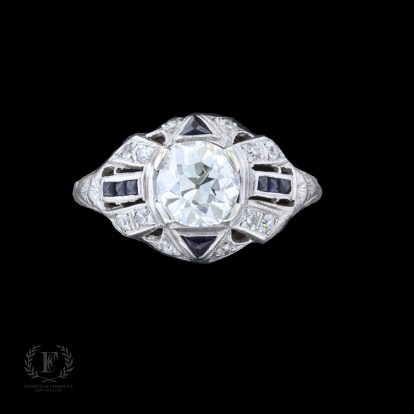 ART DECO OLD EUROPEAN DIAMOND SAPPHIRE ENGAGEMENT RING
