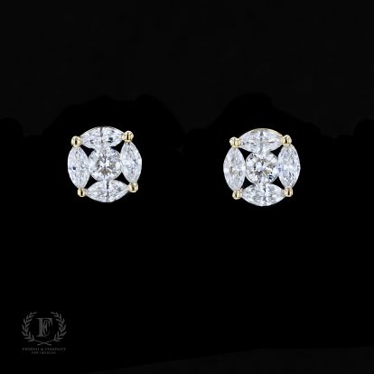 14K YELLOW GOLD MARQUISE ROUND DIAMOND STUDS