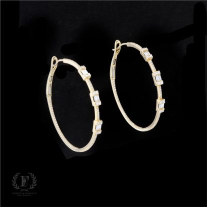 14K ROUND BAGUETTE DIAMOND OUTSIDE INSIDE HOOPS