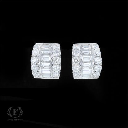 18K WHITE GOLD ROUND & BAGUETTE DIAMOND HUGGIES