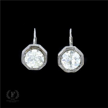 14K WHITE GOLD OLD EUROPEAN CUT LEVER BACK EARRINGS