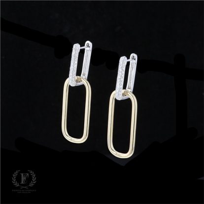 14K TWO TONE PAPERCLIP DIAMOND DANGLE EARRINGS