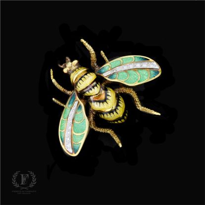 SWEET AS CAN BEE ANTIQUE 18K YELLOW GOLD DIAMOND & ENAMEL PIN