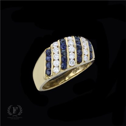 18K YELLOW GOLD DIAGONAL SET DIAMOND & SAPPHIRE RING