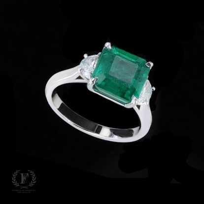 EMERALD CUT EMERALD & DIAMOND 3 STONE RING