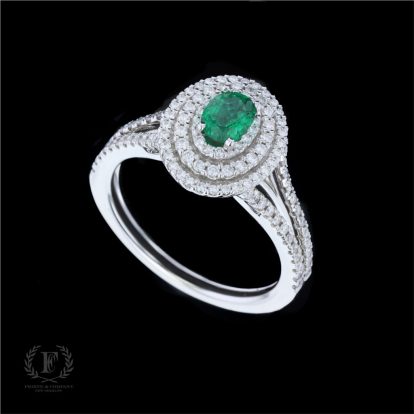 14K WHITE GOLD EMERALD & DIAMOND RING