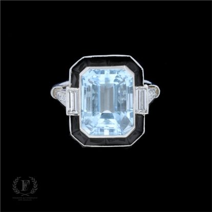 ANTIQUE PLATINUM AQUAMARINE ONYX DIAMOND RING