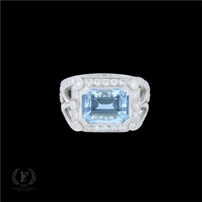ANTIQUE PLATINUM AQUAMARINE DIAMOND RING