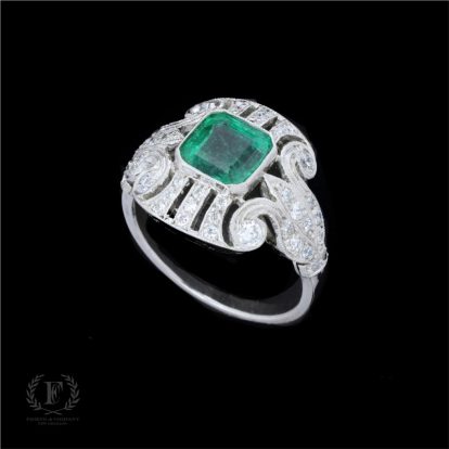 PLATINUM ART DECO EMERALD DIAMOND RING