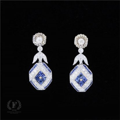 18K WHTE & YELLOW GOLD DIAMOND EARRINGS WITH FRENCH CUT SAPPHIRES