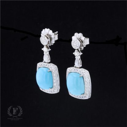 18K WHITE GOLD TURQUOISE & DIAMOND DANGLE EARRINGS