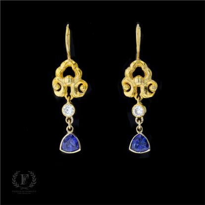 14K YELLOW GOLD SAPPHIRE & DIAMOND DANGLE EARRINGS