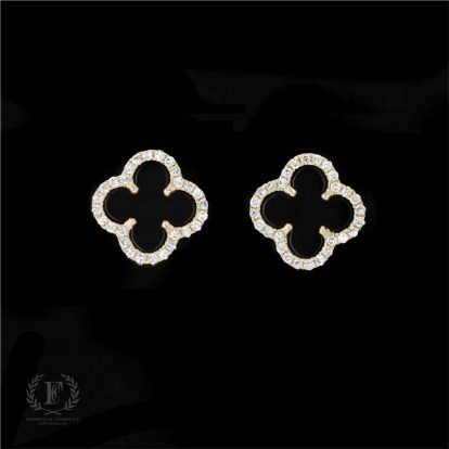 14K YELLOW GOLD ONYX CLOVER EARRINGS