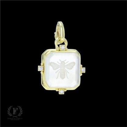 14K YELLOW GOLD CRYSTAL MOTHER OF PEARL ENGRAVED BEE PENDANT