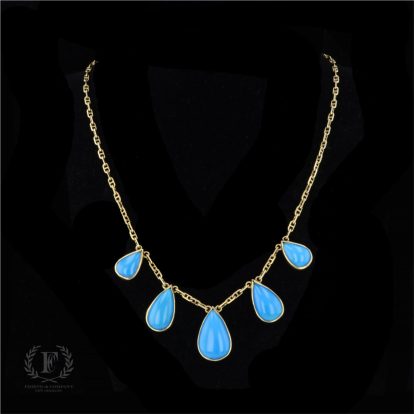 VINTAGE PEAR CABOCHON TURQUOISE 18K YELLOW GOLD NECKLACE
