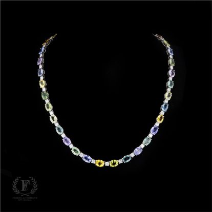 14K WHITE GOLD MULTI COLOR SAPPHIRE DIAMOND NECKLACE