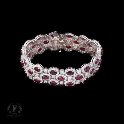 14K WHITE GOLD THREE ROW DIAMOND RUBY BRACELET