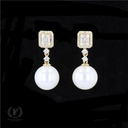 14K YELLOW GOLD DIAMOND & PEARL DANGLE EARRINGS
