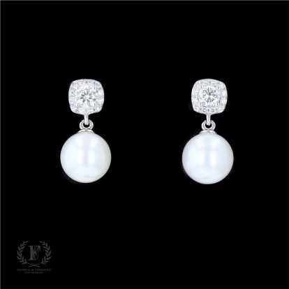 14K WHITE GOLD PEARL DIAMOND DANGLE EARRINGS